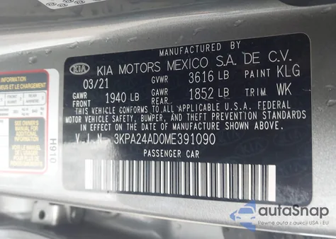 2021 Kia Rio S z USA, uszkodzony, nr VIN 3KPA24AD0ME391090